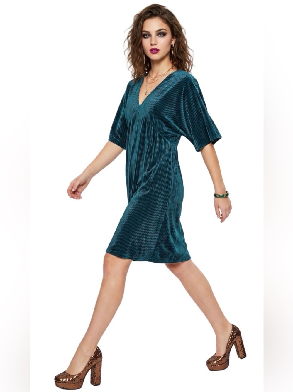 CES FEMME Emerald Green Velvet V neck Shortsleeve Mini Dress Kimono Minimalist - Picture 13 of 14